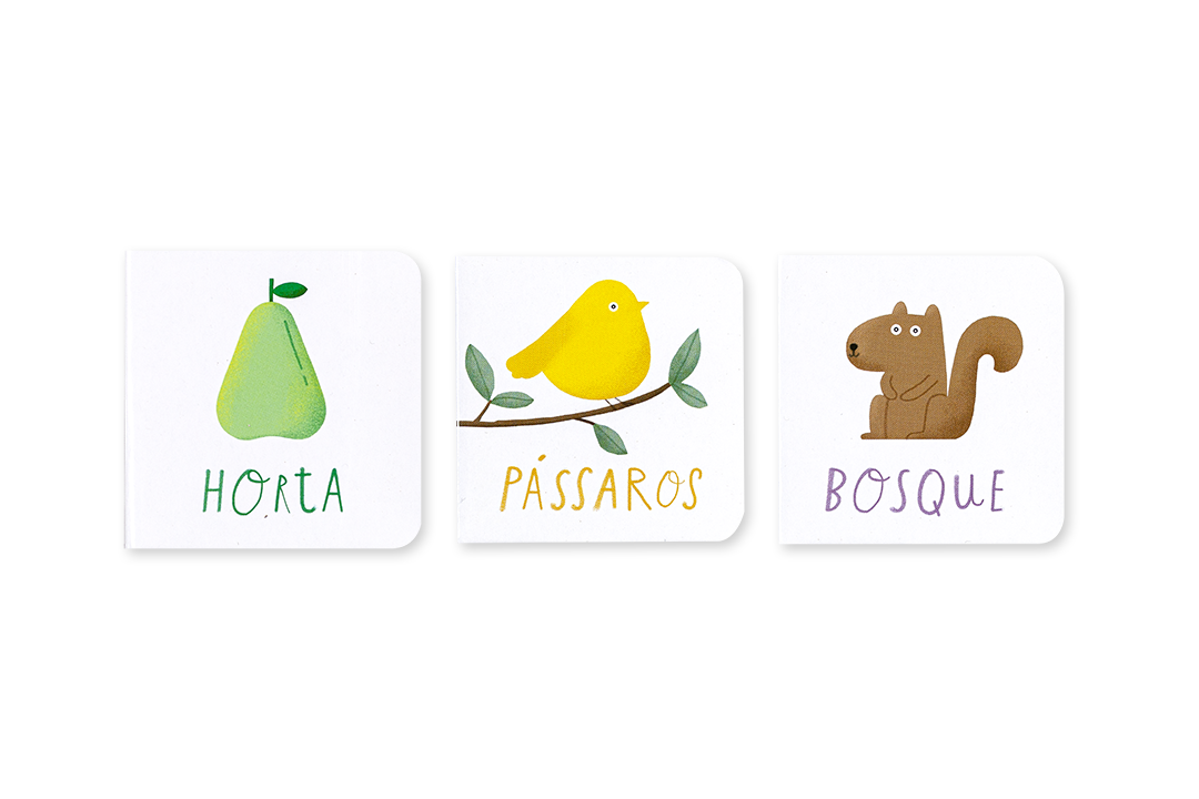Três livros infantis com ilustrações de uma pêra, um pássaro amarelo e um esquilo.