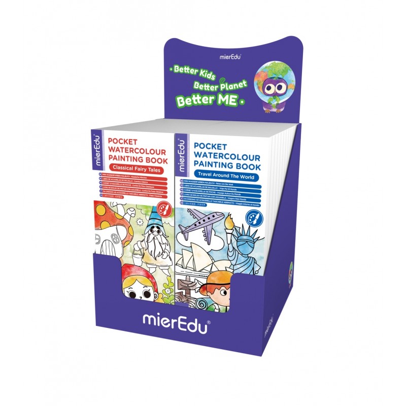 Expositor de cartão roxo com dois livros de pintura de aguarela de bolso da marca mierEdu