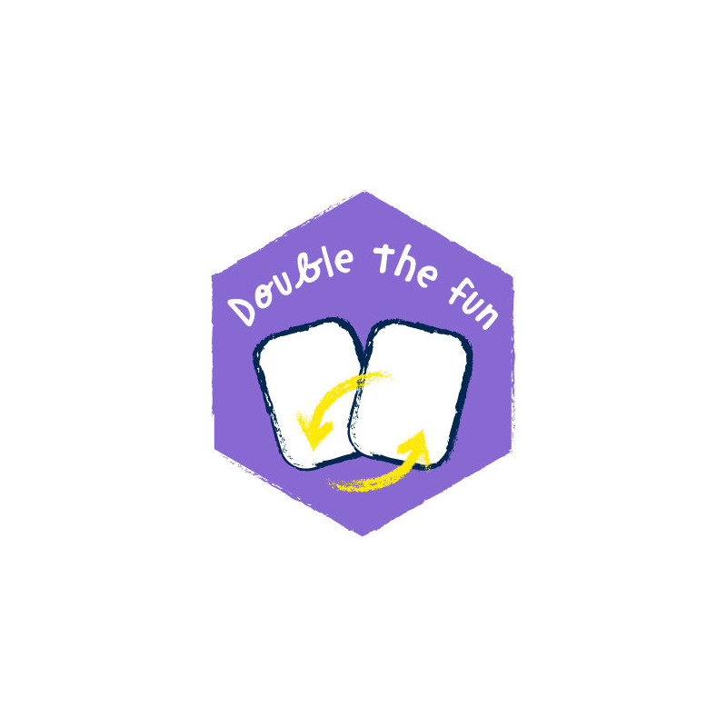 Dois cartões brancos com setas amarelas em fundo roxo hexagonal com texto Double the fun
