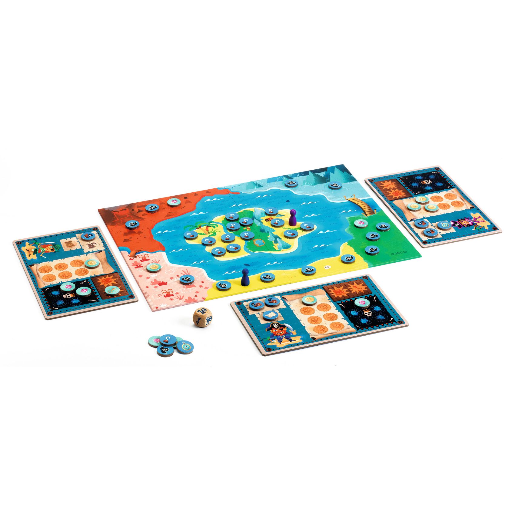 Jogo de tabuleiro de piratas com peças azuis, figuras roxas e dados de madeira