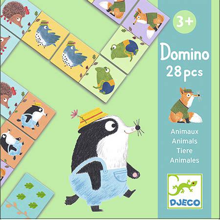 Caixa de domino com 28 peças ilustradas com animais coloridos sobre fundo verde claro.