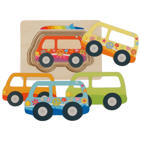 Puzzle de madeira com carrinhas coloridas e decoradas com símbolos hippies
