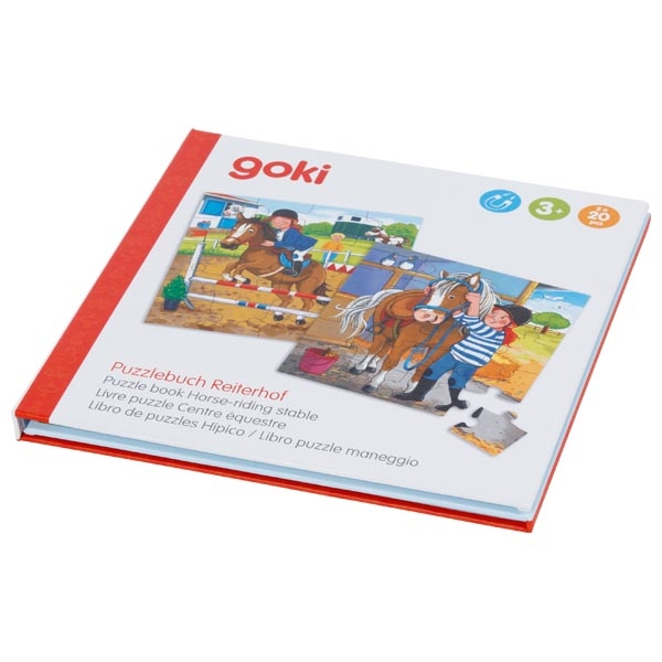 Livro de puzzle Goki 'Puzzlebuch Reiterhof' com imagens de crianças e cavalos.