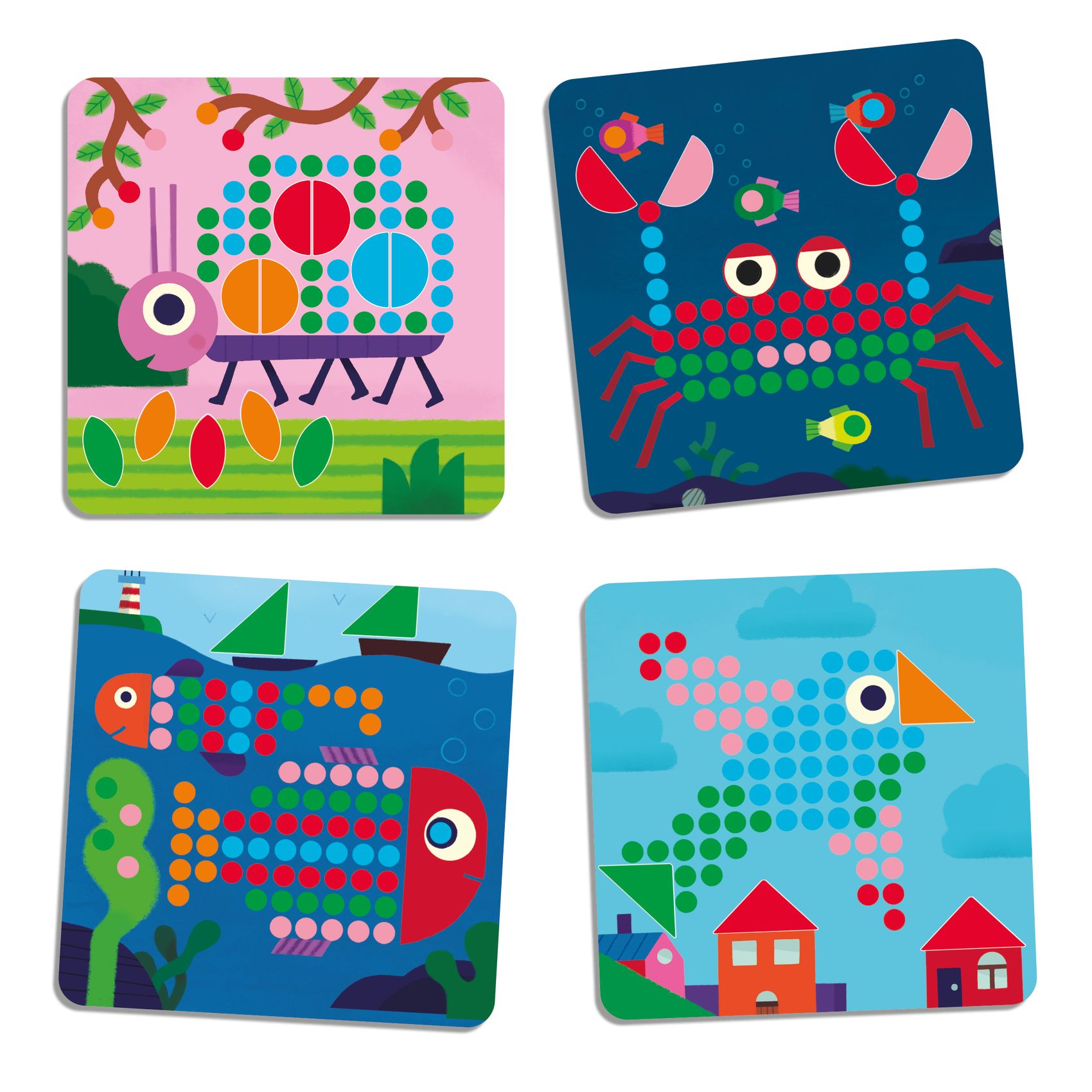 Quatro puzzles coloridos com animais e objetos formados por círculos