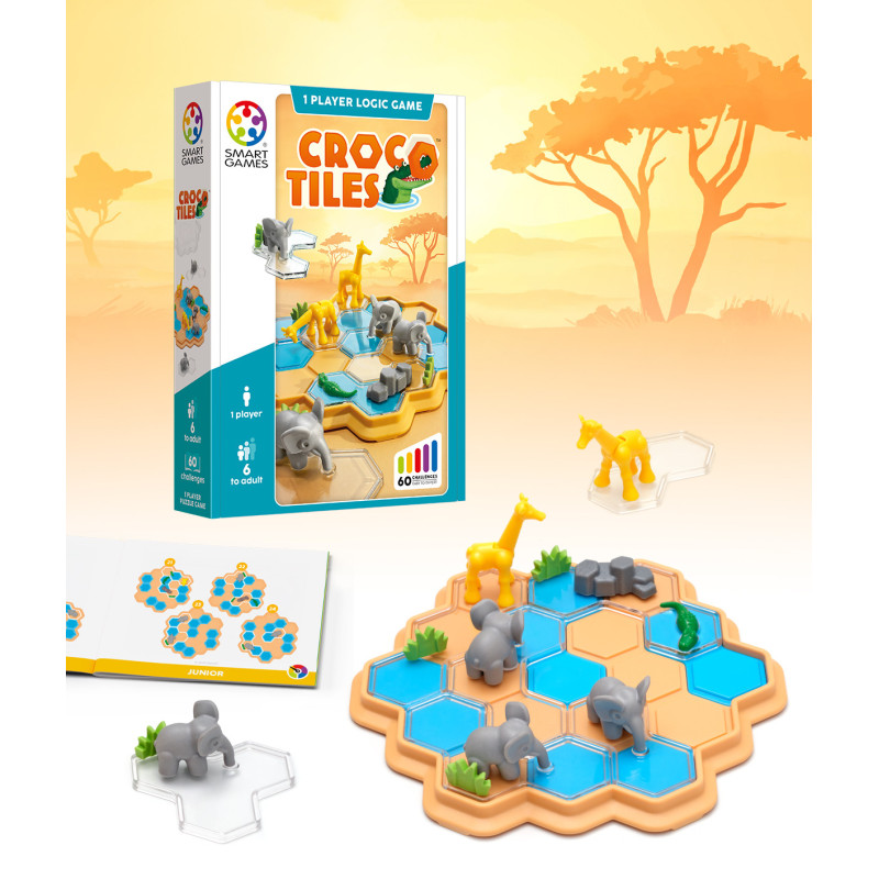 Jogo de lógica Croco Tiles com tabuleiro hexagonal e peças de animais em fundo de savana