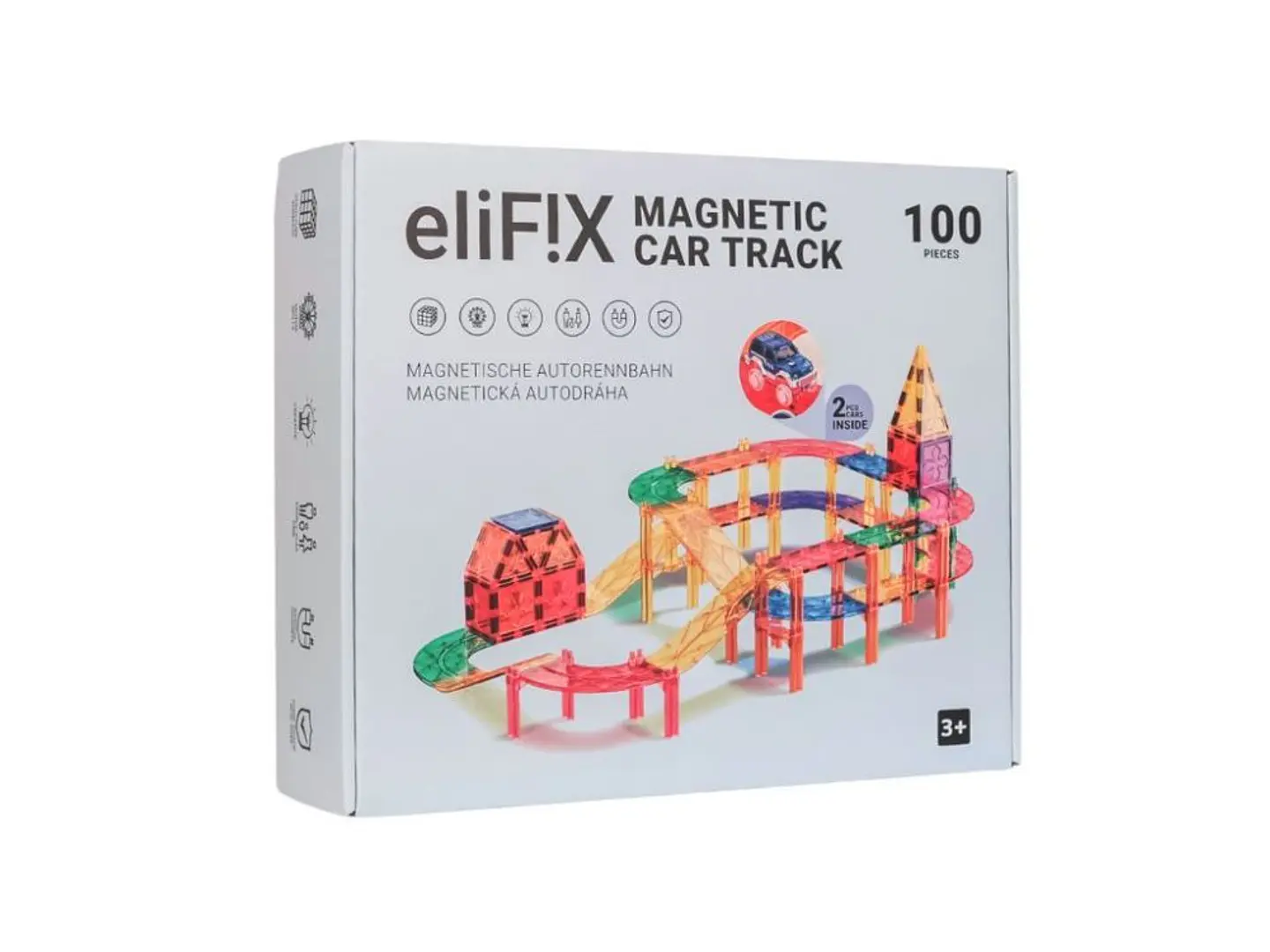 Caixa branca com pista de carros magnética colorida eliF!X com 100 peças