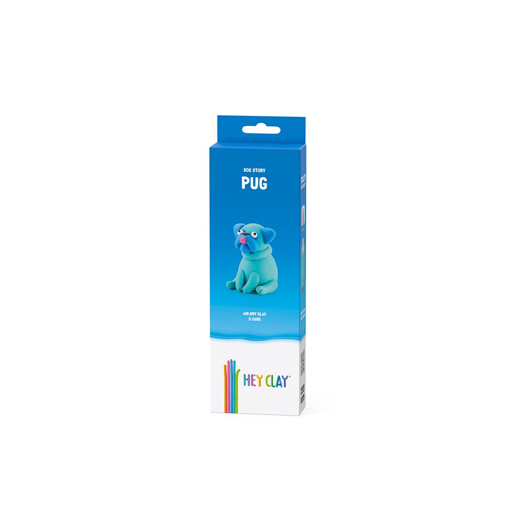 Embalagem para argila HEY CLAY com figura de pug azul de argila