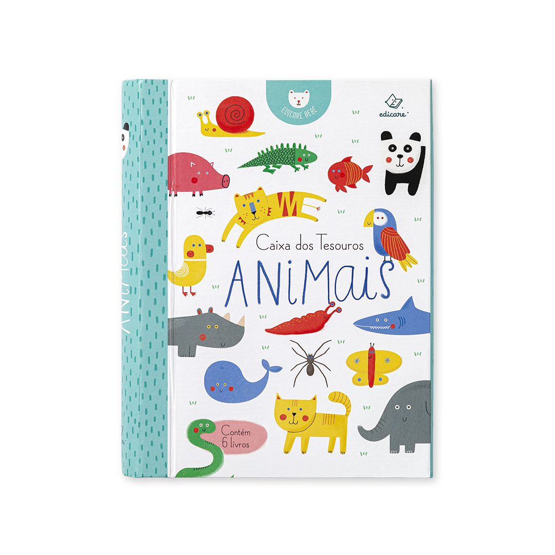 Livro infantil com capa branca ilustrada com desenhos de animais coloridos e texto 'Caixa dos Tesouros ANIMAIS'