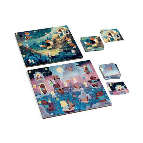 Conjunto de puzzles com duas imagens coloridas parcialmente montadas