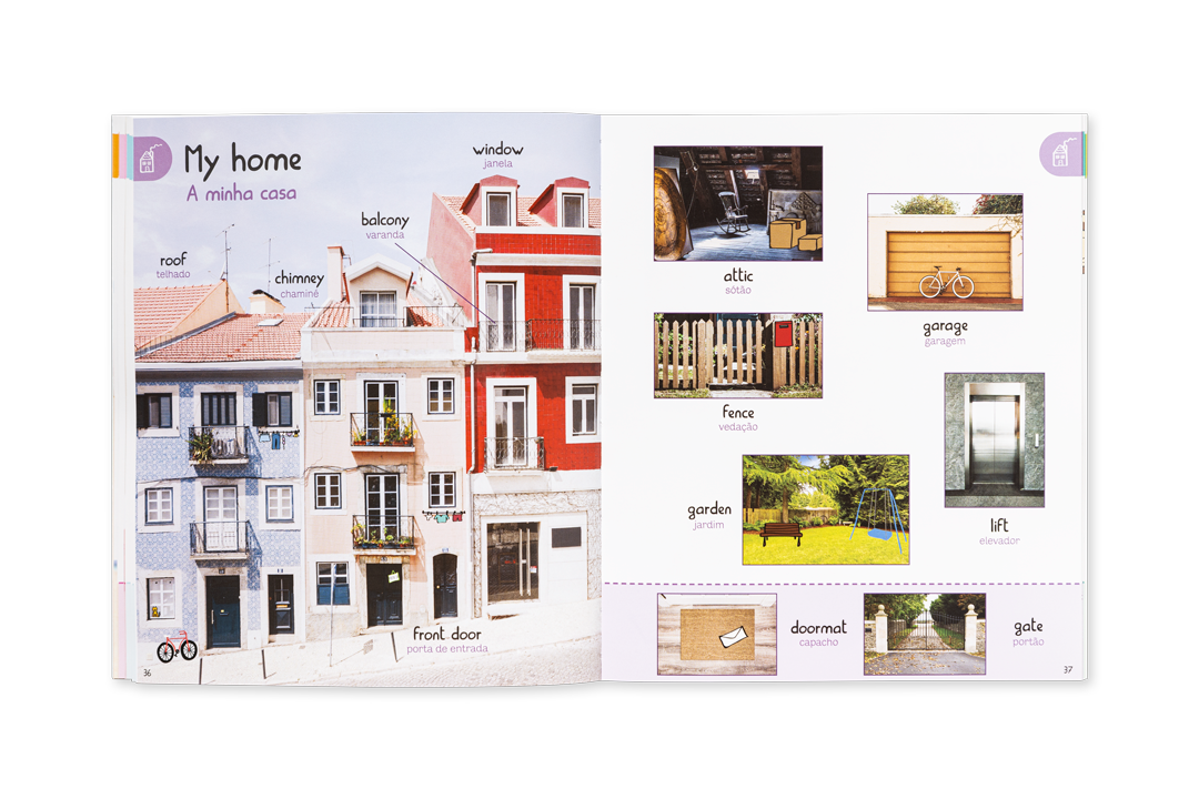 Página de livro com imagens de casas e palavras em inglês e português para diferentes partes da casa.