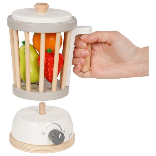 Esmagador de brinquedo de cozinha em madeira com frutas coloridas em jaula e base branca com botão.