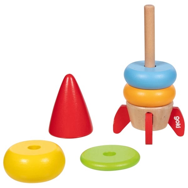 Brinquedo de empilhar colorido em madeira com argolas e base vermelha