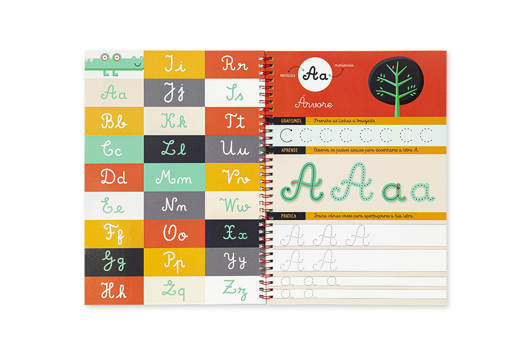 Livro de caligrafia aberto mostrando letra A com desenho de árvore e quadro colorido de letras