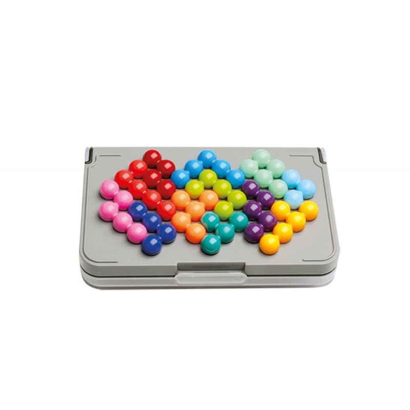 Jogo de quebra-cabeça com bolinhas coloridas sobre base cinzenta.