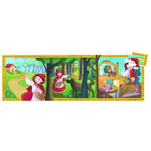 Ilustração colorida de livro infantil com floresta e menina em vestido vermelho