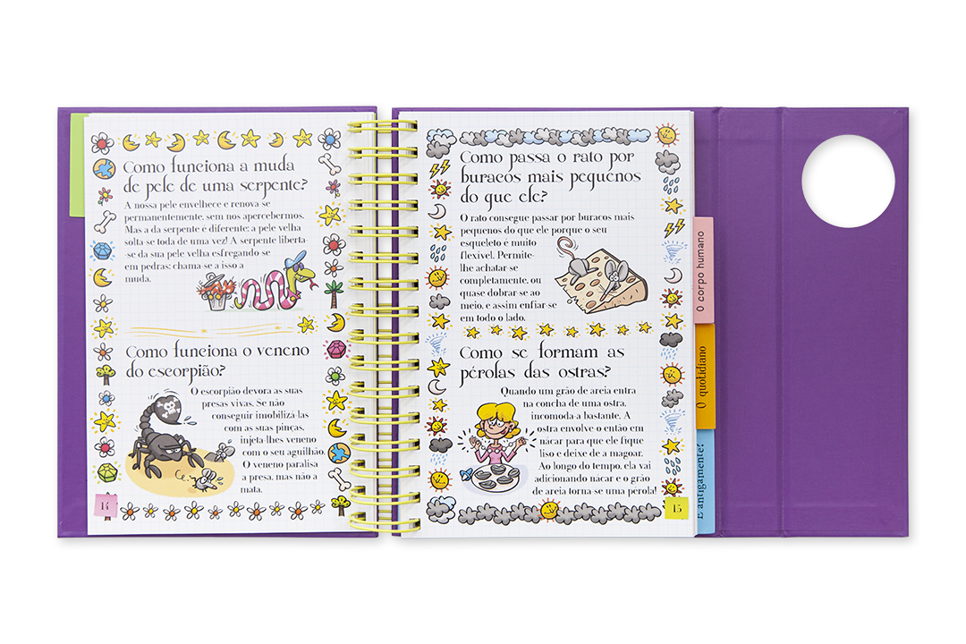 Livro infantil de capa roxa aberto com texto e ilustrações sobre animais