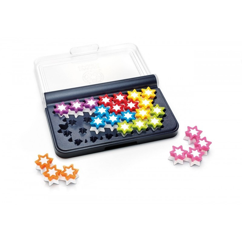Jogo de encaixe infantil com estrelas coloridas sobre base preta e tampa transparente.