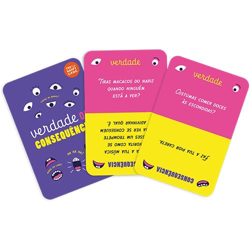 Três cartas de jogo coloridas com perguntas em português
