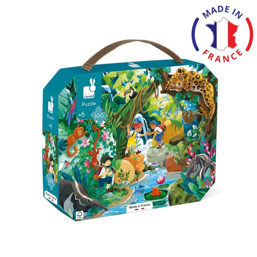 Caixa de puzzle Janod com ilustração de floresta, crianças e animais