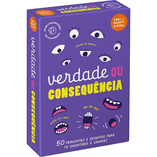 Caixa do jogo Verdade ou Consequência roxa com ilustrações de olhos e bocas