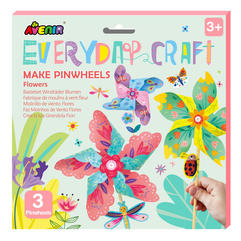 Conjunto de artesanato para fazer moinhos de vento florais coloridos para crianças