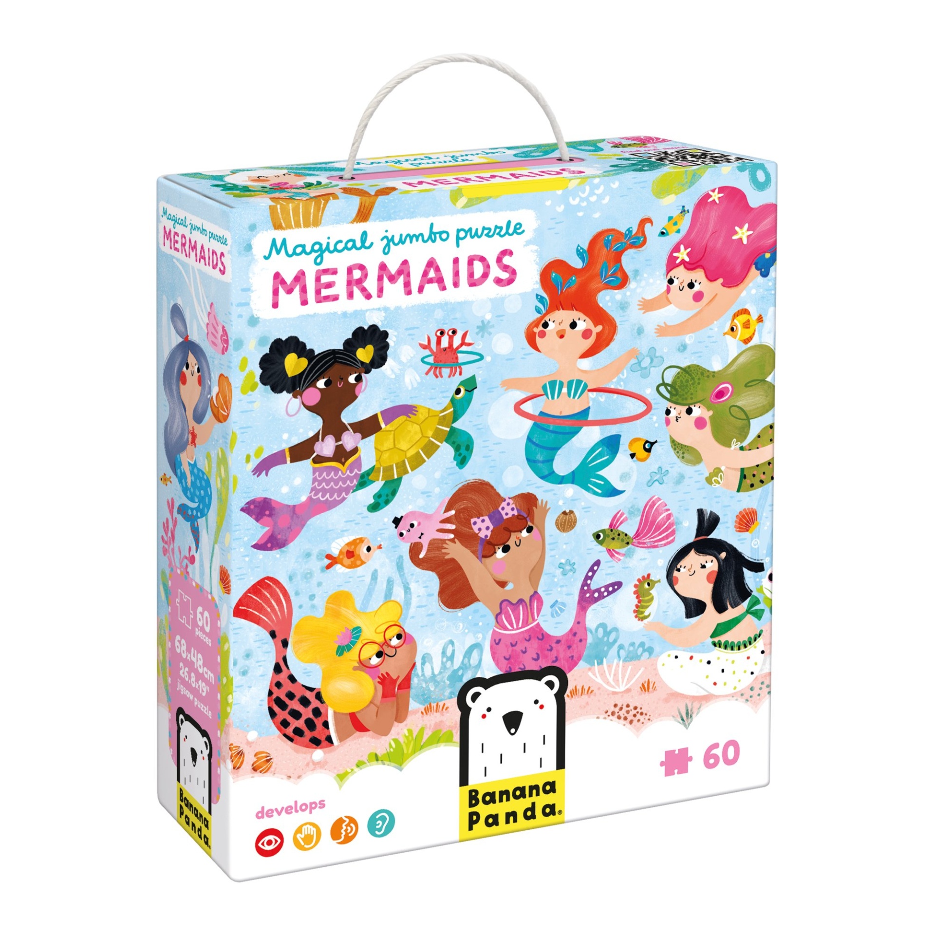 Caixa de puzzle Magical jumbo puzzle MERMAIDS com ilustrações de sereias e animais marinhos