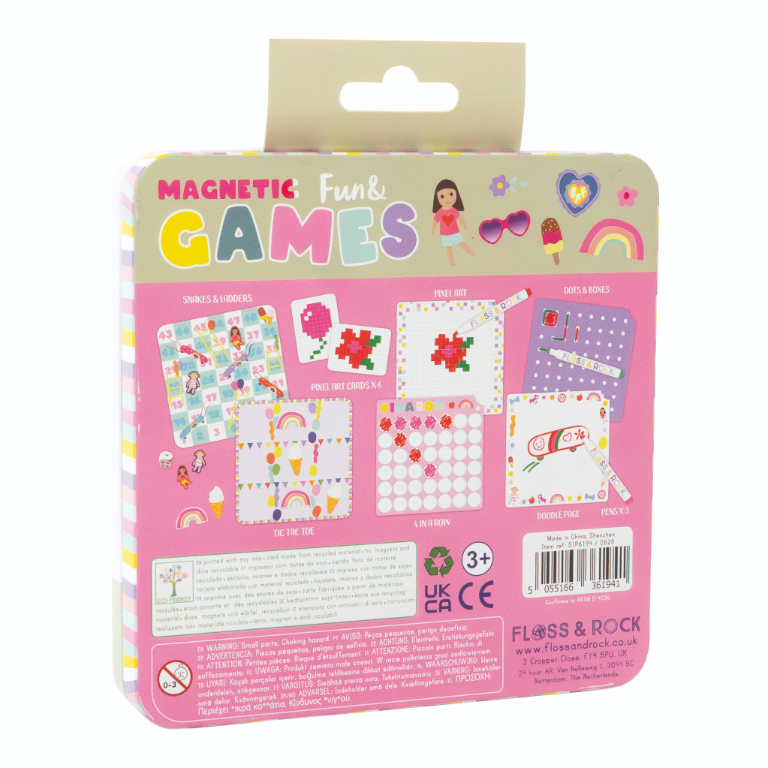 Embalagem de jogo magnético infantil com imagens de jogos e texto em inglês e símbolos de idade 3+