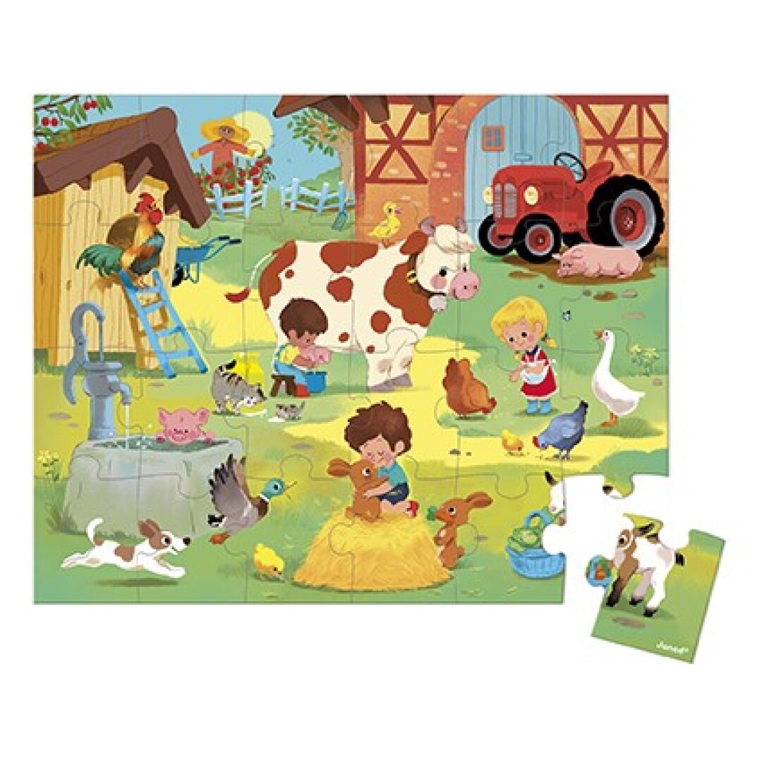 Quebra-cabeças infantil com cena de quinta e animais numa paisagem campestre colorida