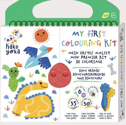 Kit de coloração infantil com tema de dinossauros, embalagem com alça verde