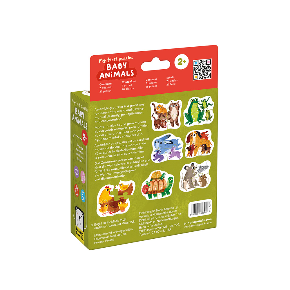 Embalagem do puzzle My first puzzle BABY ANIMALS para crianças com imagens de animais bebés e texto informativo.