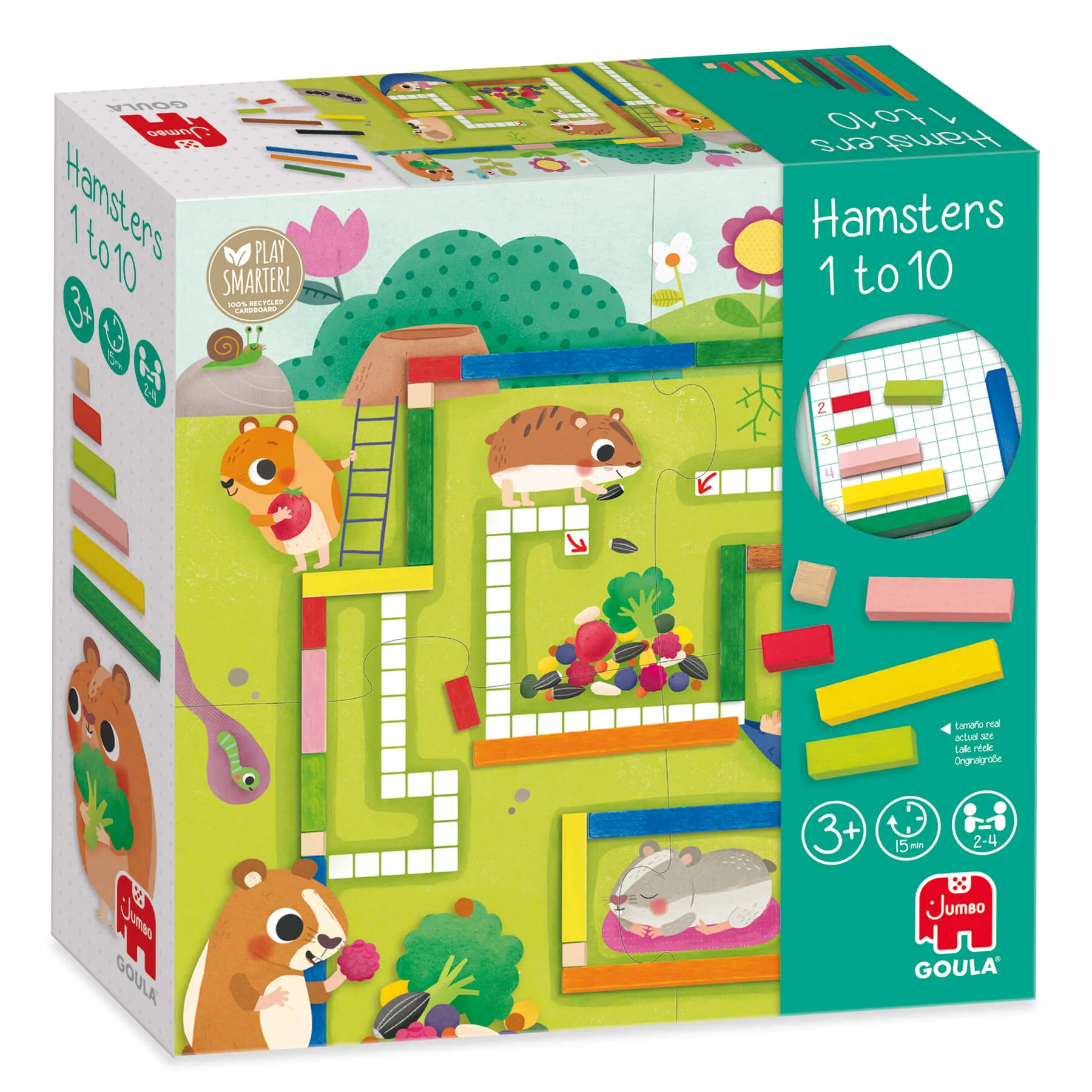 Caixa de jogo educativo Hamsters 1 to 10 Goula com blocos de madeira coloridos e ilustrações de hamsters