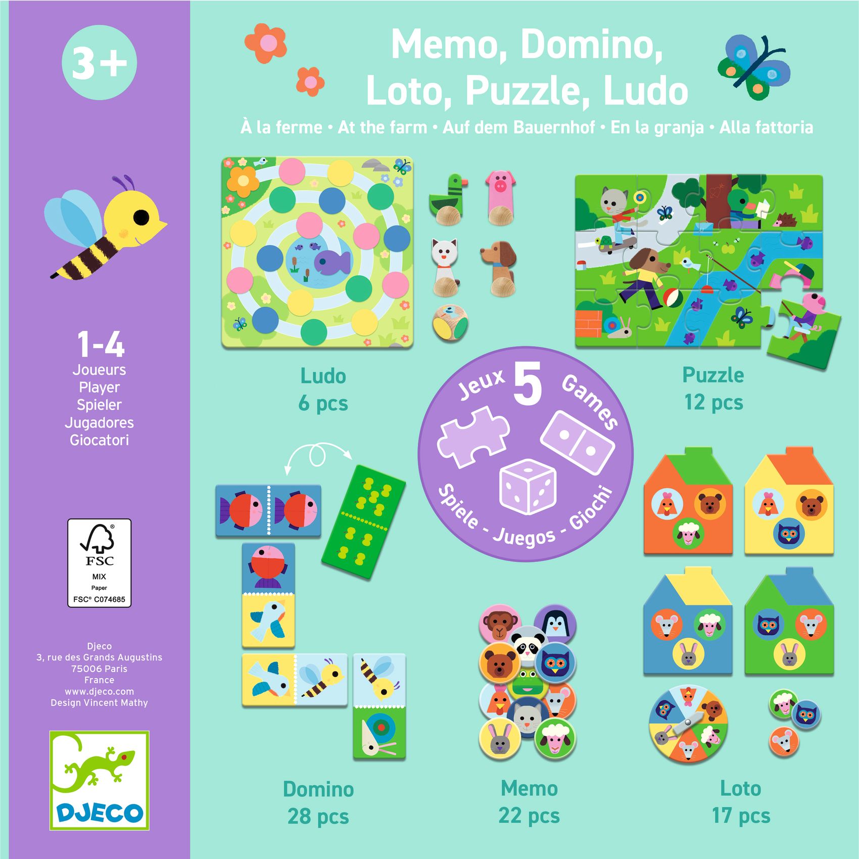 Jogo de tabuleiro infantil com 5 jogos diferentes em embalagem colorida.