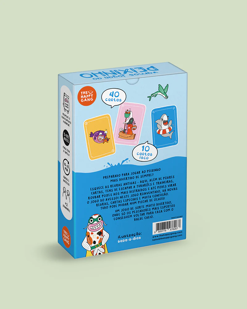 Embalagem azul de jogo de cartas com ilustrações de peixes e tubarões, texto em português e marca THE HAPPY GANG