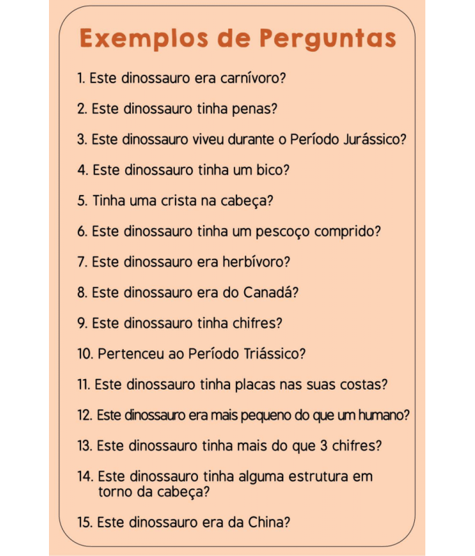 Lista numerada de perguntas sobre dinossauros em português em fundo cor de pêssego
