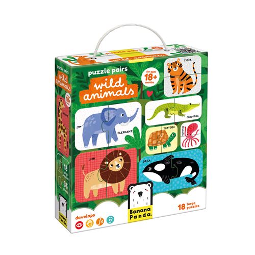 Caixa de puzzle pairs com tema de animais selvagens e ilustrações coloridas