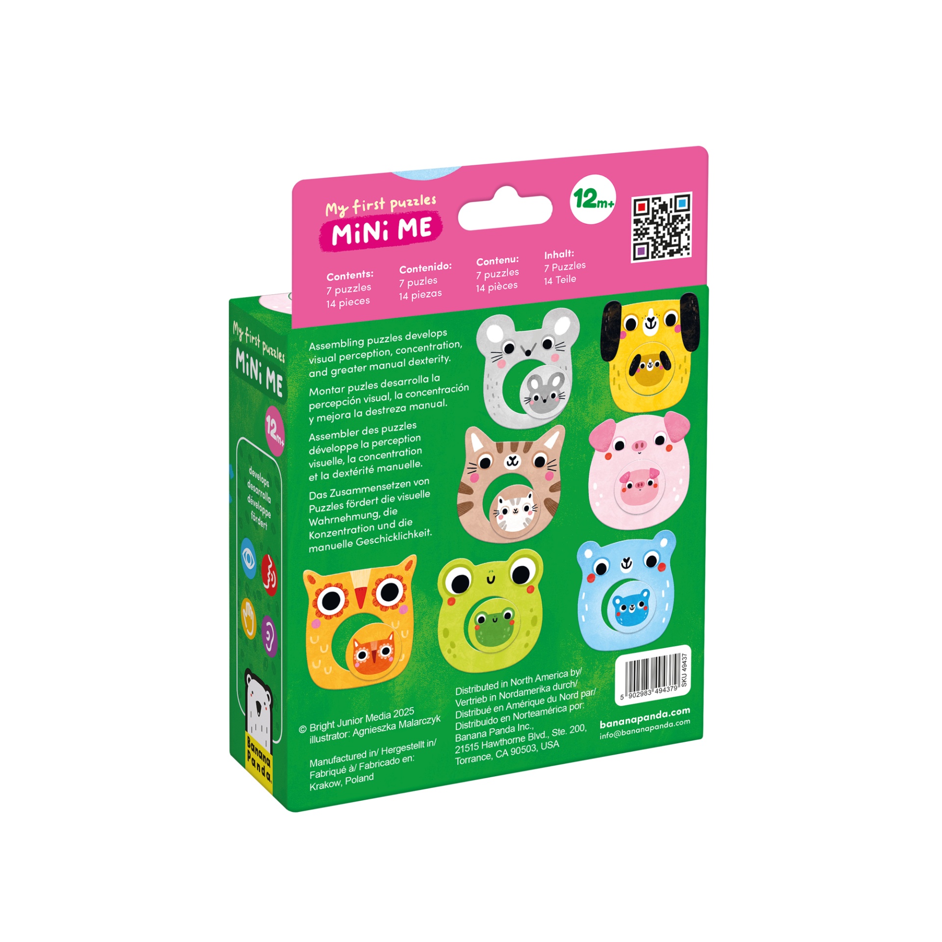 Embalagem de puzzle infantil com animais coloridos e texto informativo em várias línguas