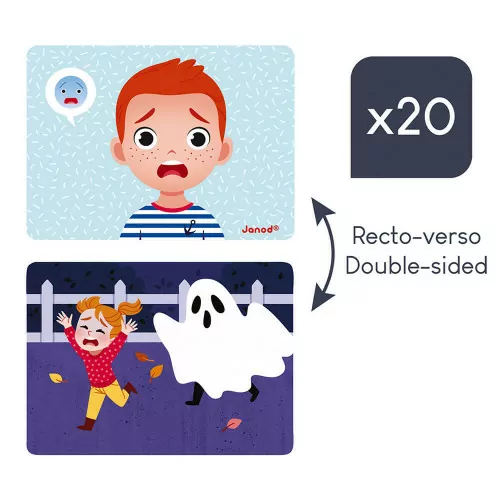Cartas duplas com ilustrações de crianças e um fantasma, texto x20 e Recto-verso Double-sided