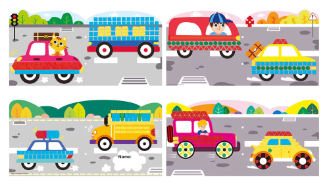 Carros animados coloridos numa estrada com paisagem natural ao fundo