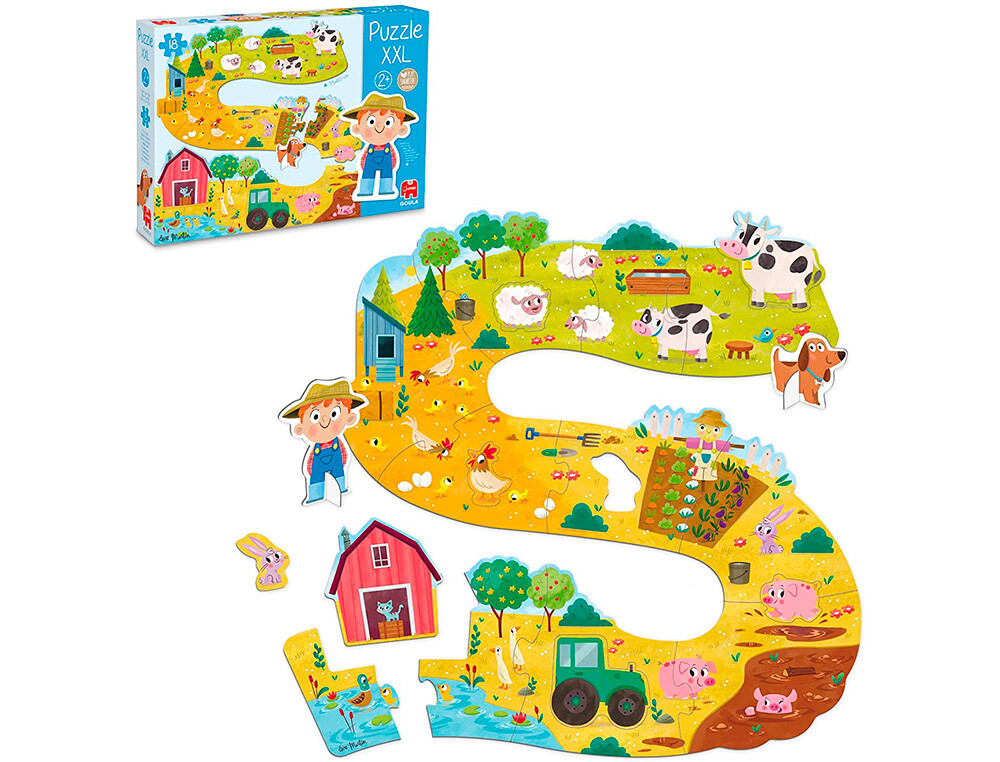 Quebra-cabeça XXL de tema quinta com animais e elementos agrícolas coloridos.