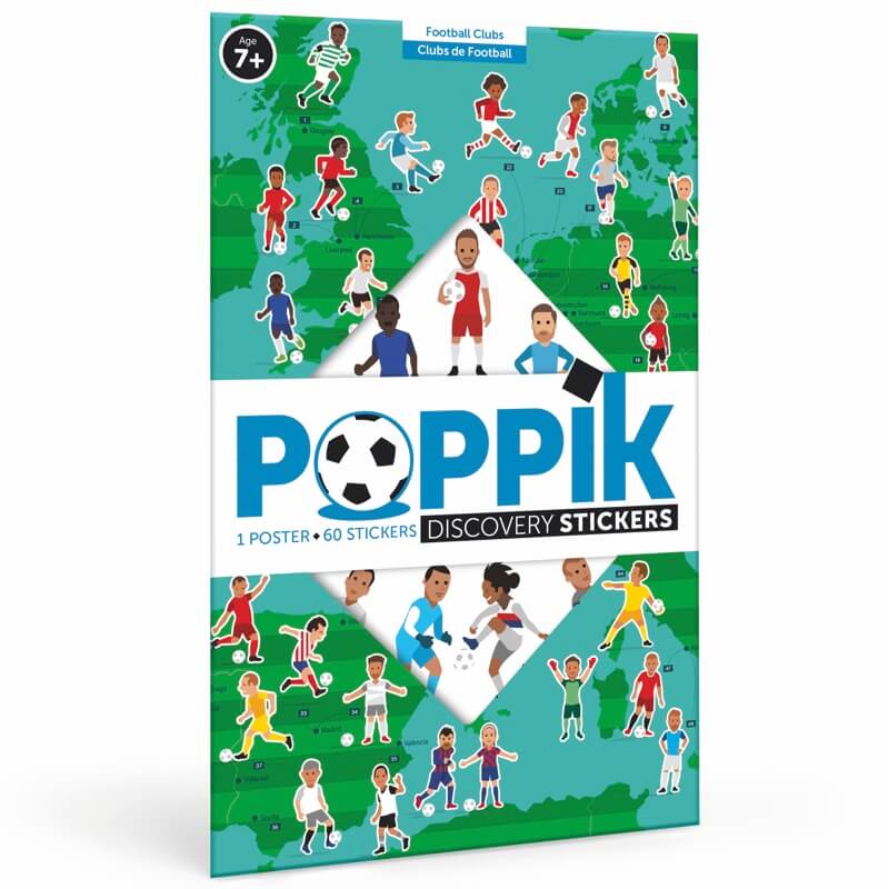 Pacote de autocolantes Poppik Discovery Stickers clubes de futebol, com jogadores em várias cores, para crianças a partir de 7 anos.