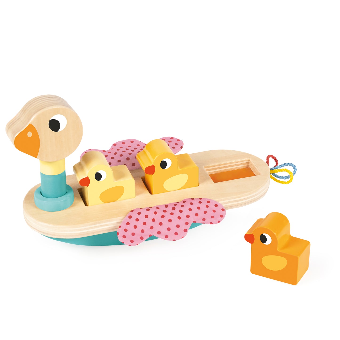 Brinquedo de madeira de pato com três patinhos amarelos e asas rosas com bolinhas vermelhas