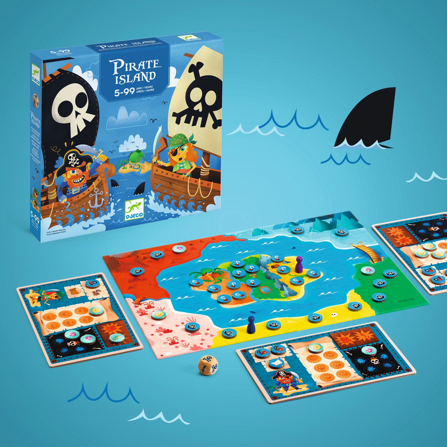 Jogo de tabuleiro Pirate Island da Djeco com tabuleiro e peças coloridas e caixa azul ilustrada com piratas.
