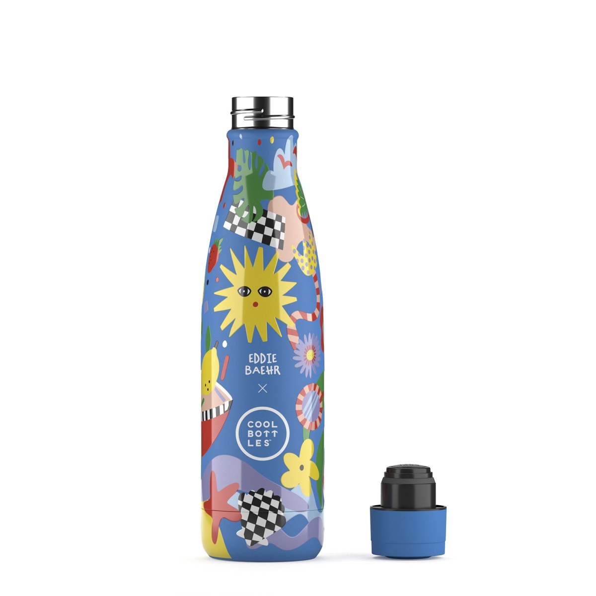 Garrafa térmica azul decorada com padrões coloridos e texto, com tampa azul solta ao lado