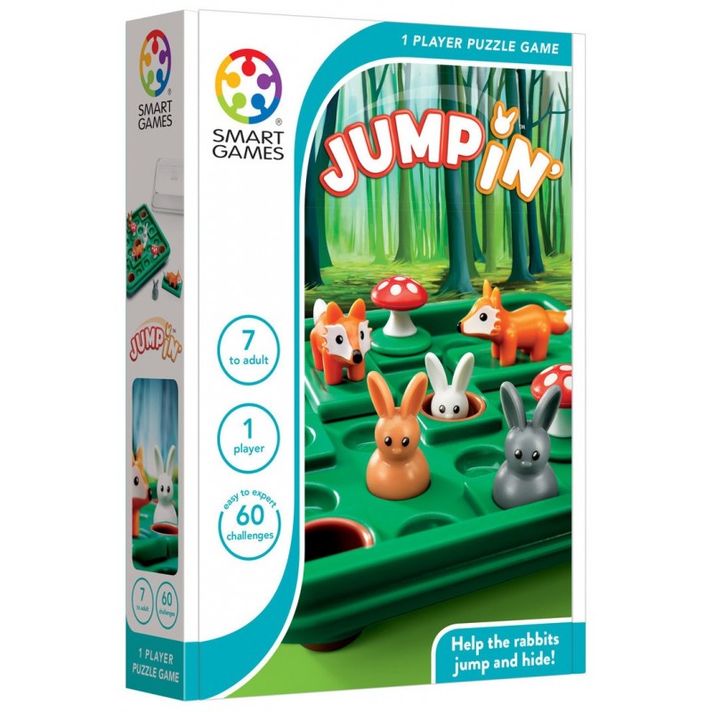 Jogo de puzzle Jump In da SMART GAMES com coelhos, raposas e tabuleiro verde