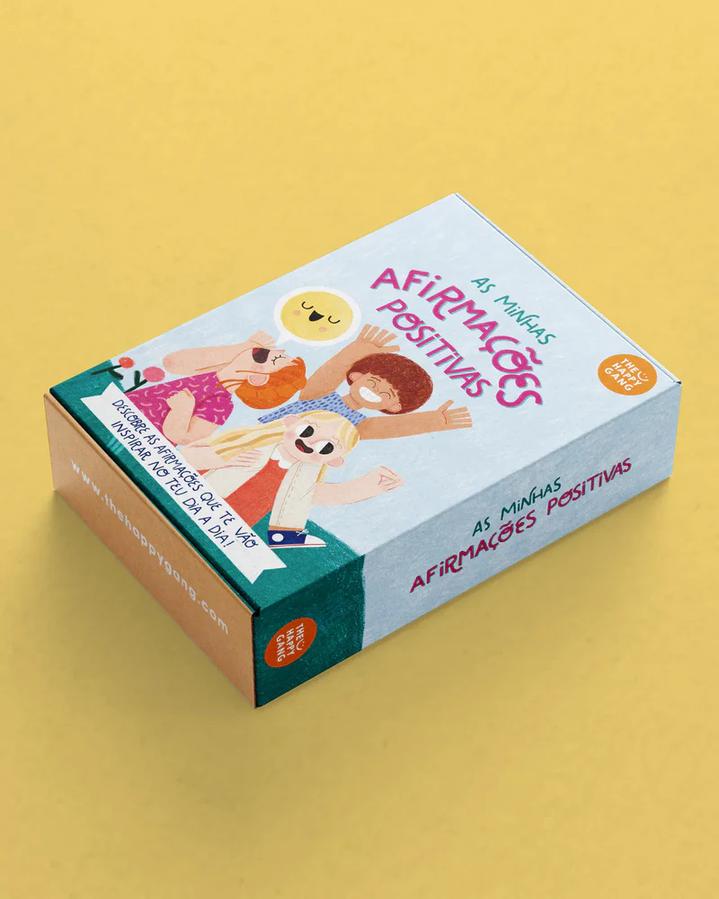 Caixa de cartão de jogo com texto AS MINHAS AFIRMAÇÕES POSITIVAS e ilustração colorida