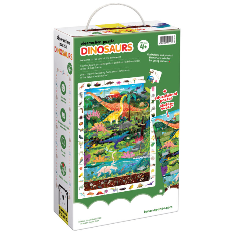 Puzzle de observação DINOSAURS com 100 peças e poster educativo para crianças.