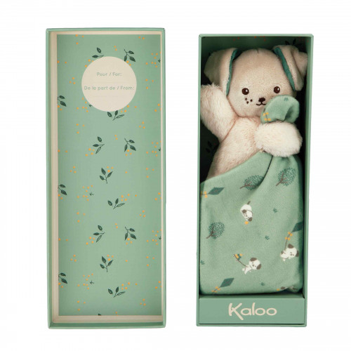 Boneco de peluche coelho com cobertor em caixa verde água com padrão de folhas