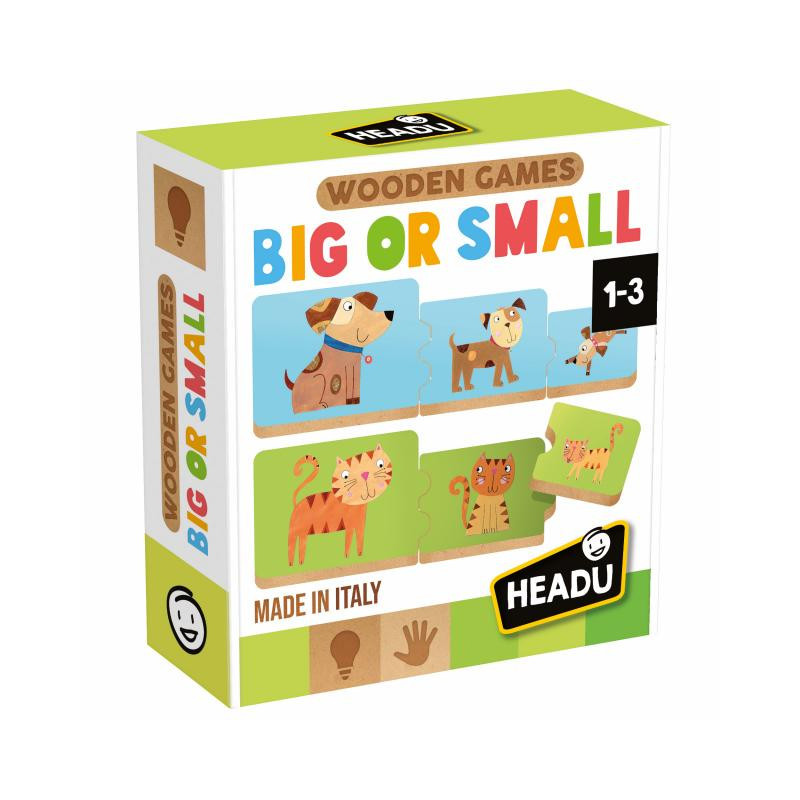 Embalagem de jogo de madeira infantil com peças ilustradas de cão e gato em vários tamanhos