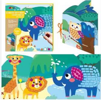 Livro infantil com desenhos de animais coloridos e embalagem com texto em inglês