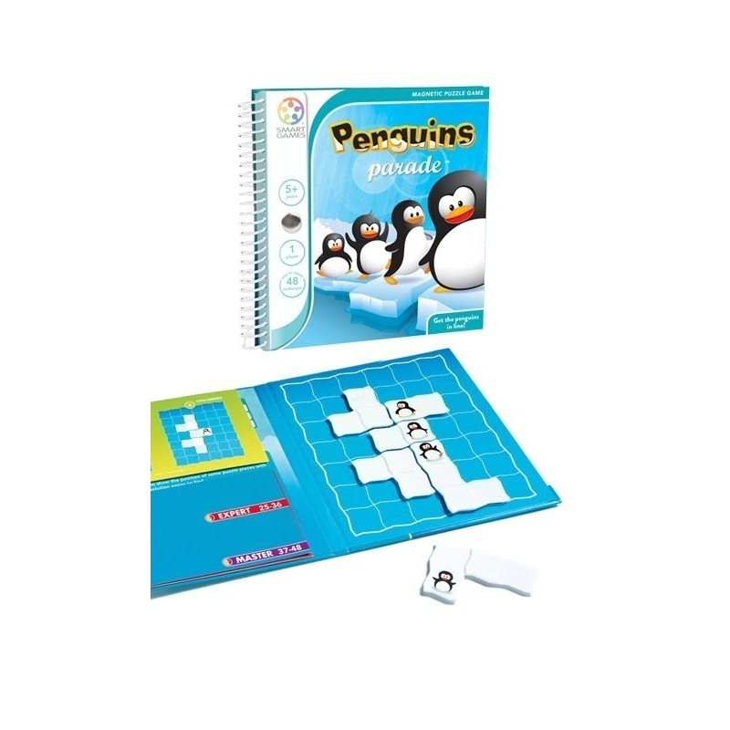Jogo de puzzle magnético Penguins parade com peças e tabuleiro azul